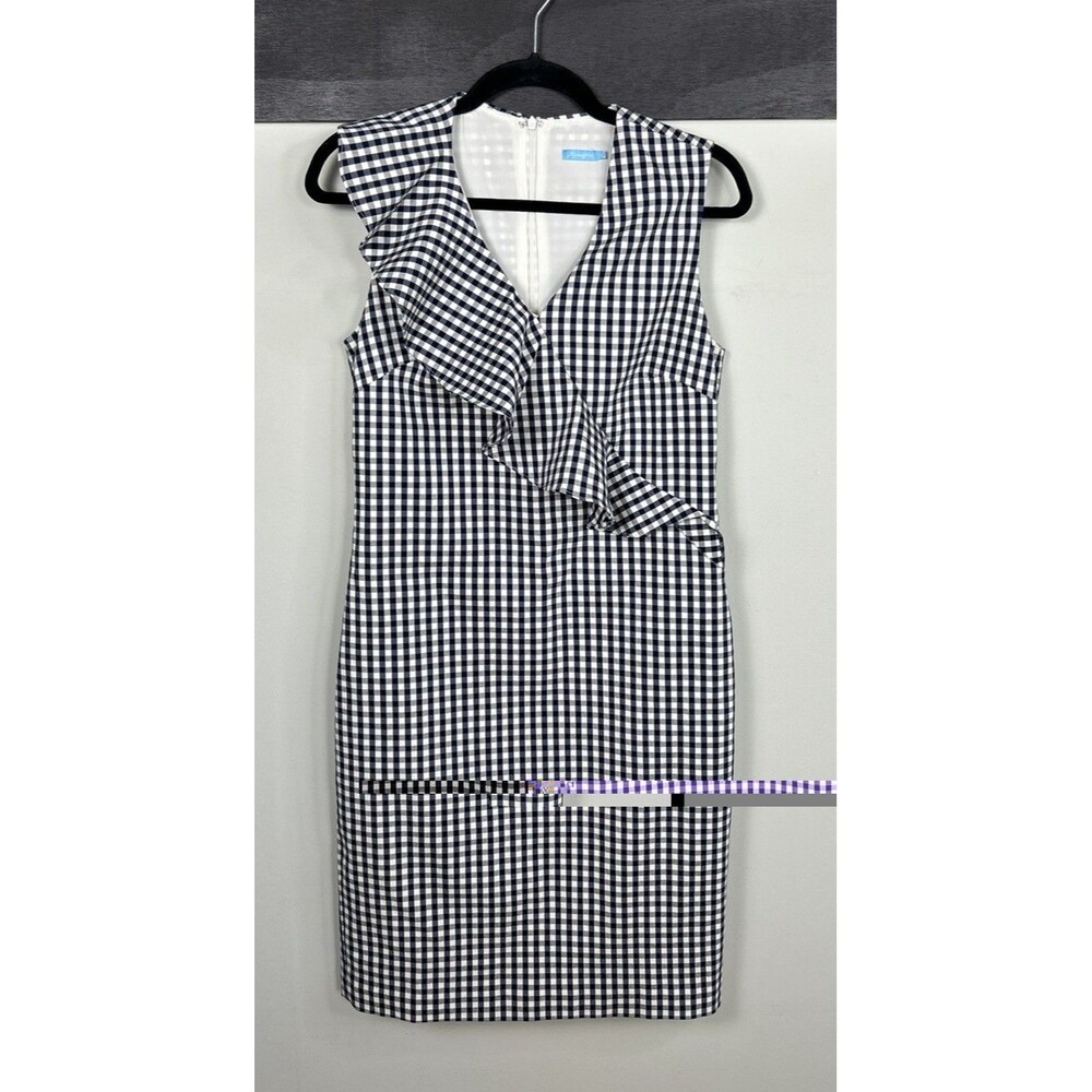 J.McLaughlin Gingham Ruffle V-Neck Sheath Dress Navy White Sleeveless 6
